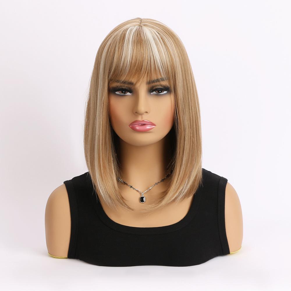 Women s Medium-Length Straight Synthetic Wig with Bangs, Brown-Blonde Mix, Heat-Resistant Adjustable Cap for Daily & Party 15inch