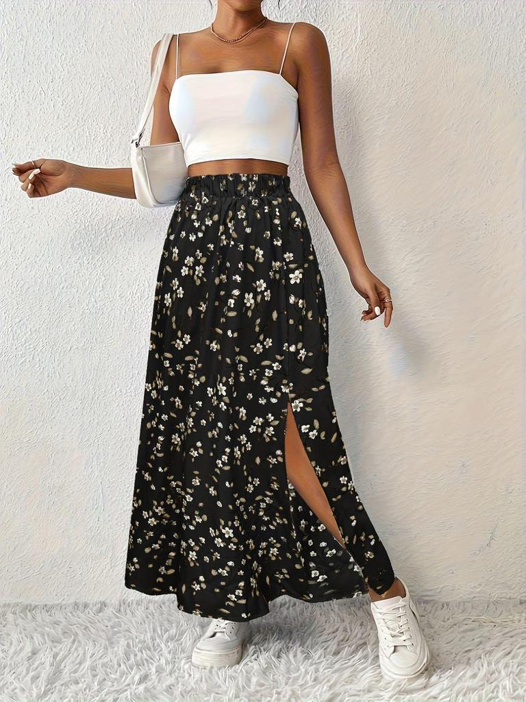 European & American Holiday Floral Print Midi Skirt with Slit