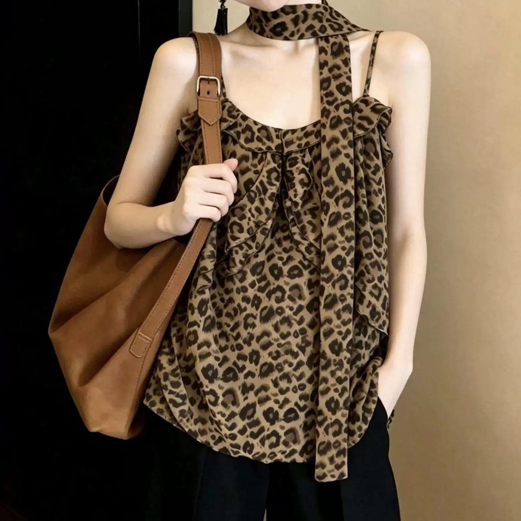 Pure desire style retro leopard print sling vest women's clothing summer new design hot girl streamer lazy beautiful top