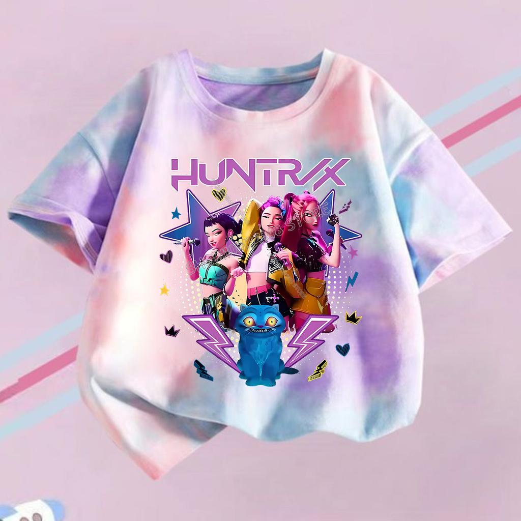 KPop Dämonenjäger T-Shirt für Kinder Lila Batik T-Shirt Top Mädchen Rundhals Kleidung Kurzarm Kinder Sommerkleidung Geschenk