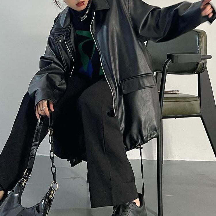 Winter Vintage Schwarz Punk Leder Jacke Frauen Streetwear Moto Biker Zipper Retro Mantel Neue Ästhetischen High Street Casual Oberbekleidung