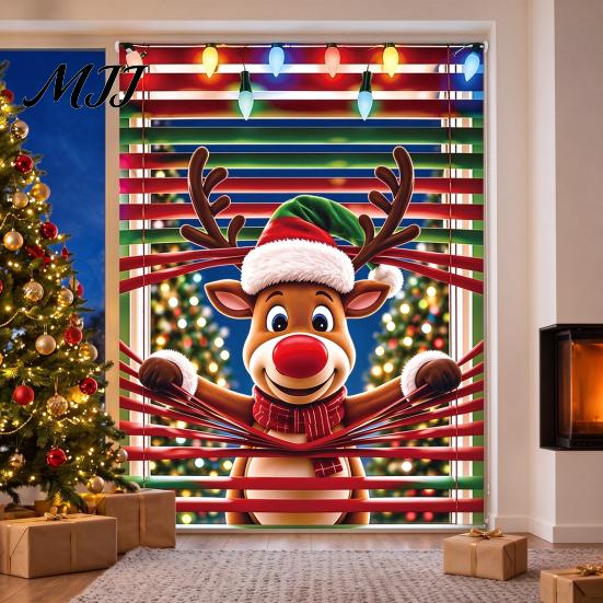 Durable Polyester Window Drapes Christmas Cover Banner with Santa Claus and Elk Patterns, Xmas Blackout Curtains for Peeking Ornament, Wall