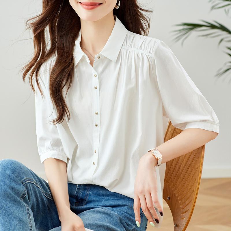 Lapel Single-breasted Temperament Lady Shirt Summer New Shoulder Pleated Design Niche Top