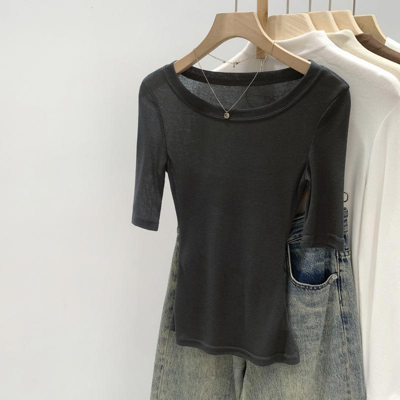 Micro-Sheer Round Neck Backless Slim Mid-Sleeve Tee 2026 XL темно-серого