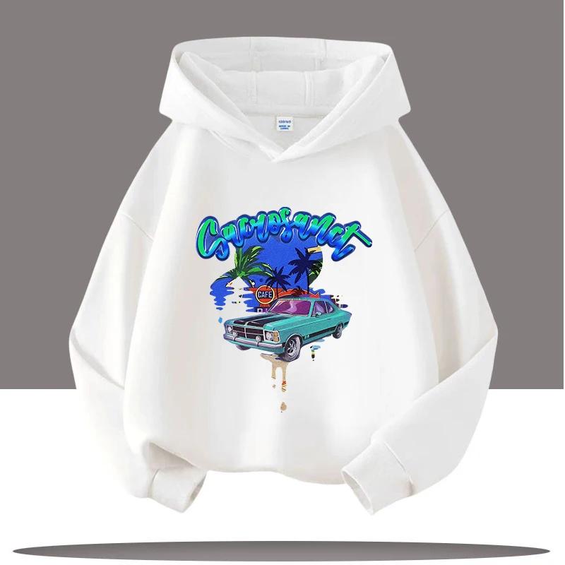 New Hip-hop Style Retro Car Cartoon Printed Children's Hooded Sweatshirt, Autumn and Winter Casual Top, Comfortable Clothing