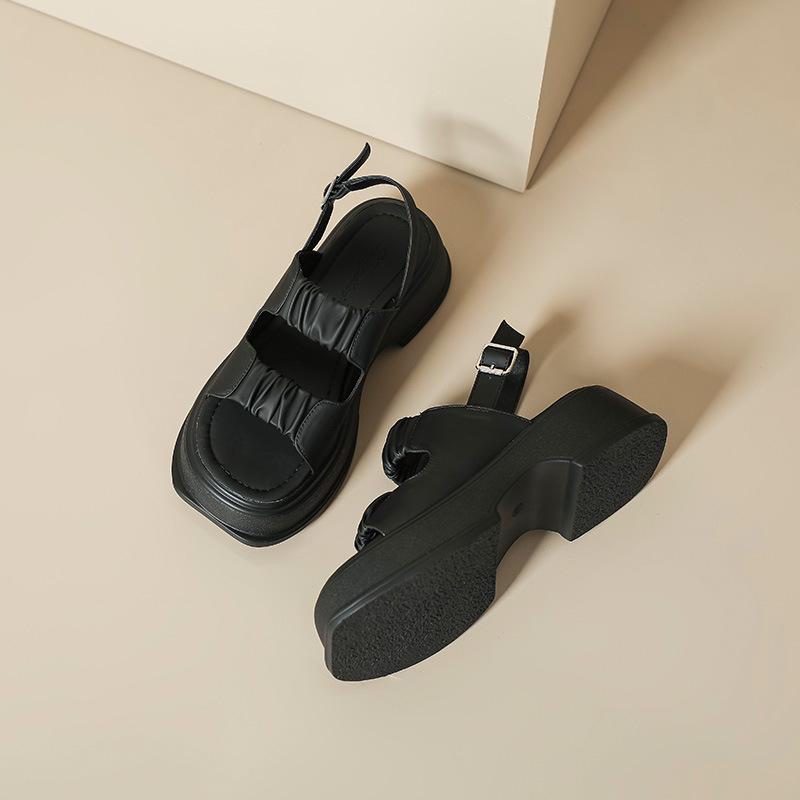 

thick-soled heightening sandals women s summer new outdoor beach shoes white with skirt one-word belt flat-soled Roman shoes women 33 чёрный