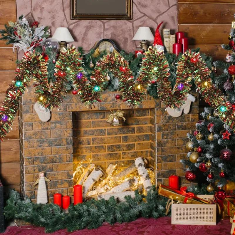 1pc 16 Ft Christmas Tinsel Garland Metallic Shinny with LED Lights Tree Thick Hanging Decorations for Xmas Party Indoor
