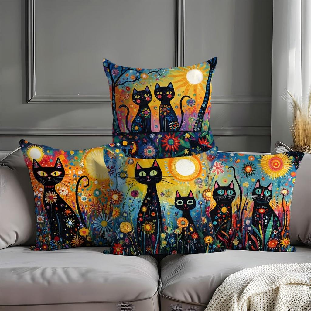 4PC Colorful Floral Black Cat Painting Style Single-Sided Printed Cushion Cover - Pillowcase (Insert Not Included)