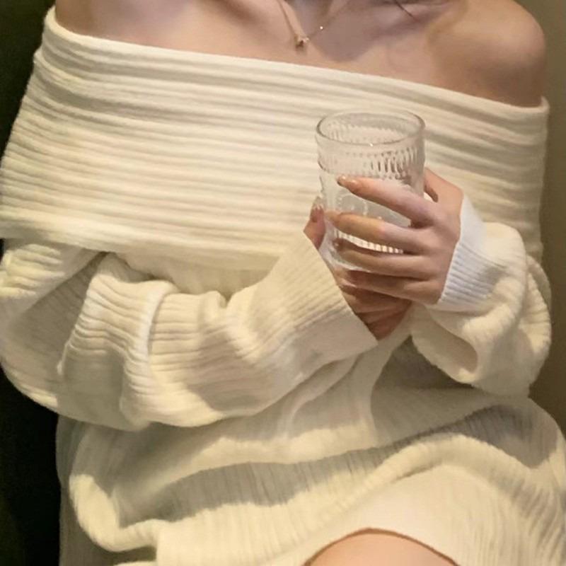 Autumn and winter new lazy style high-end knitted pullover elegant temperament one-word shoulder long-sleeved clothes