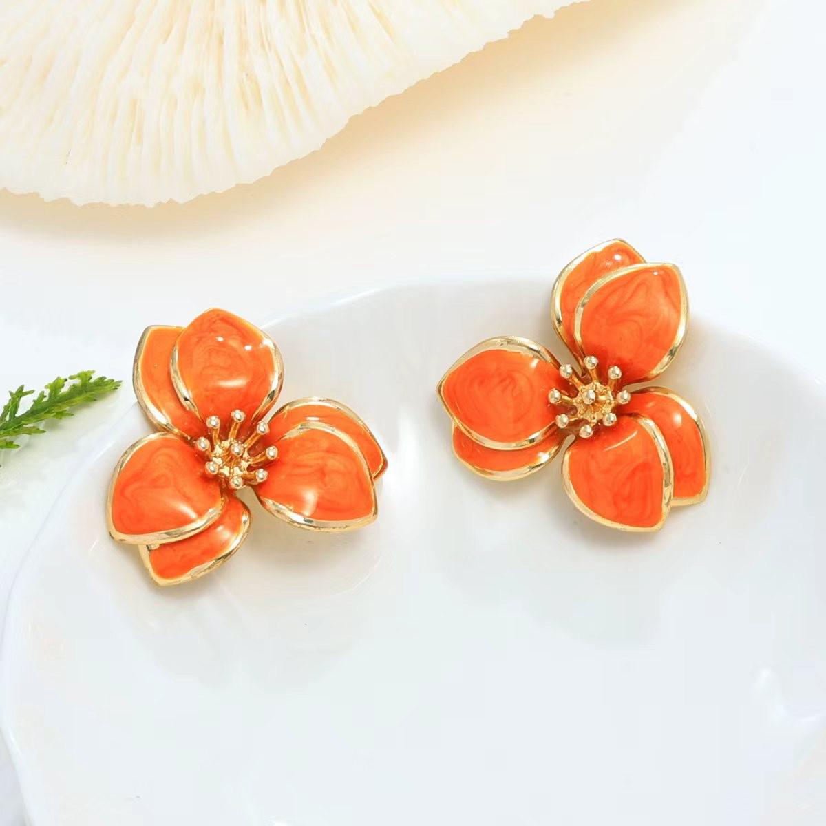 Геометрические эмалевые серьги-гвоздики с цветами и листьями для женщин оранжевый