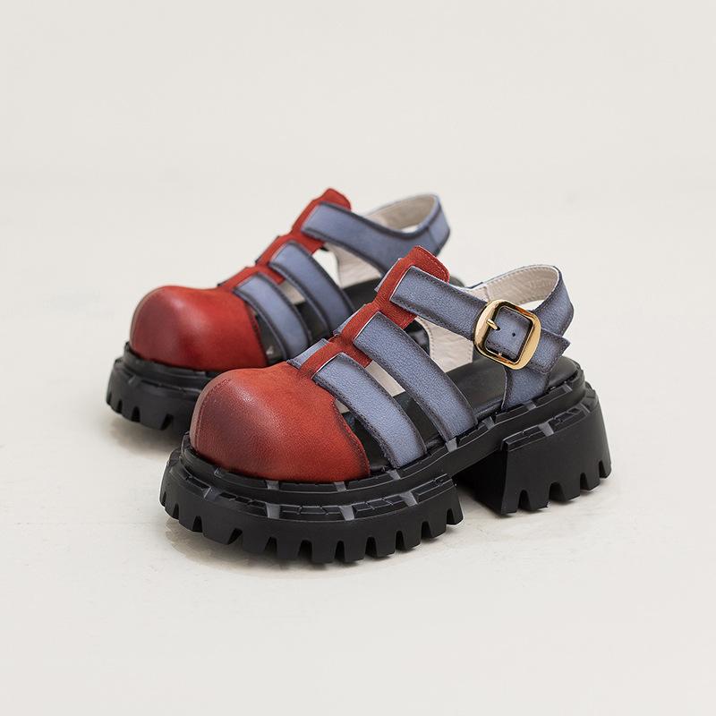 

Johnature Coarse Heel Thick Soled Sandals Genuine Leather Mixed Colors Roman Style Women s Shoes 35 красный
