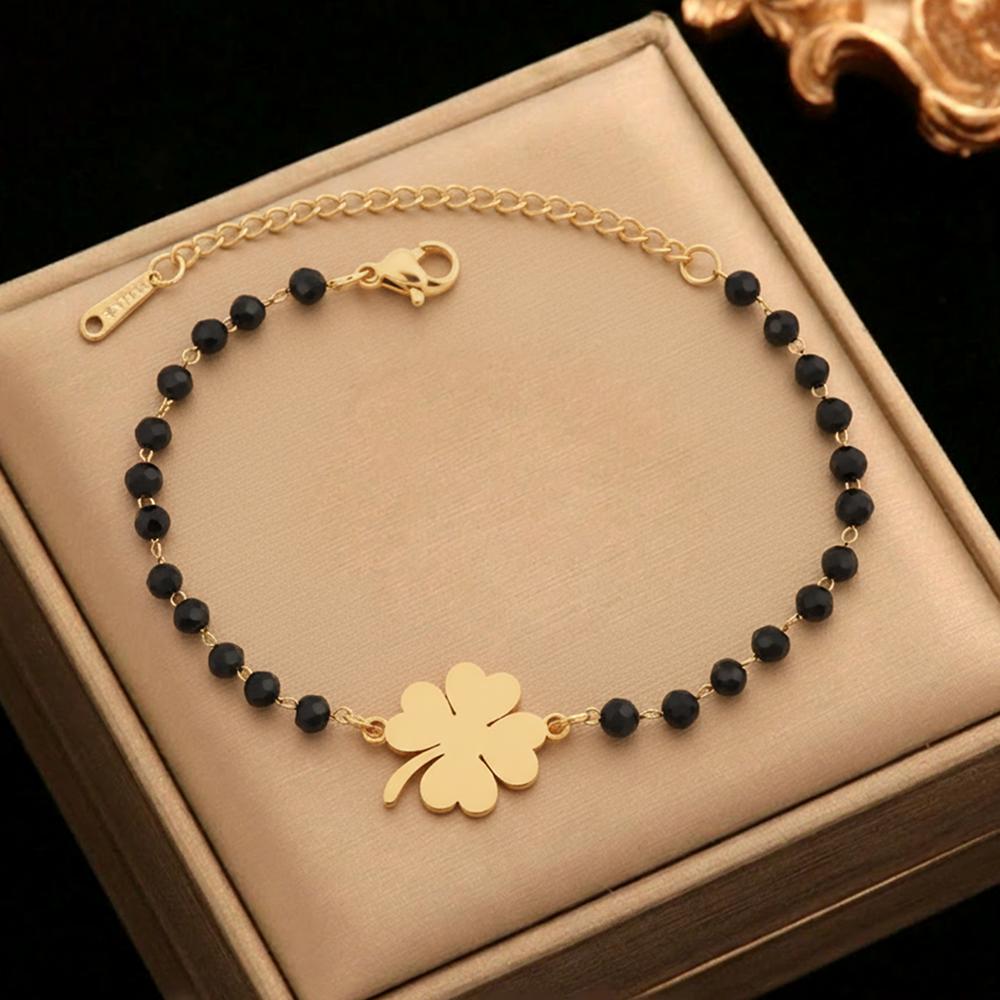 DGIDDK Stainless Steel Four-Leaf Clover Pendant With Black Beaded Bracelet Women's Fashionable And Unique Design Wrist Accessory