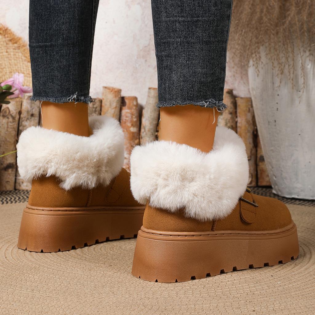 Fashion Thick Bottom Plush Winter Snow Boots Women Fluffy Faux Fur Platform Ankle Boots Woman Buckle Strap Non Slip Warm Cotton Shoes