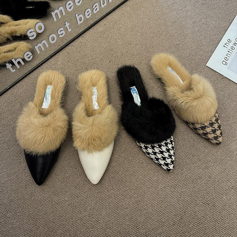 Pointed hair mop 2025 autumn and winter versatile fashion bag head half slippers women's new thousand bird grid outer wear flat bottom non-slip