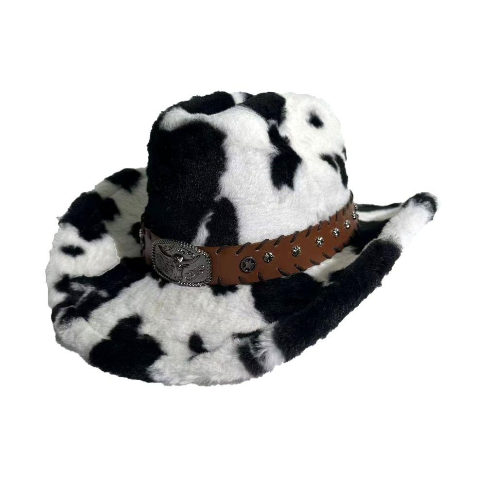 Wide Brim Cow Print Hat Leather Strap Western Cowboy Hat Retro Plush Cowboy Hat Outdoor Travel