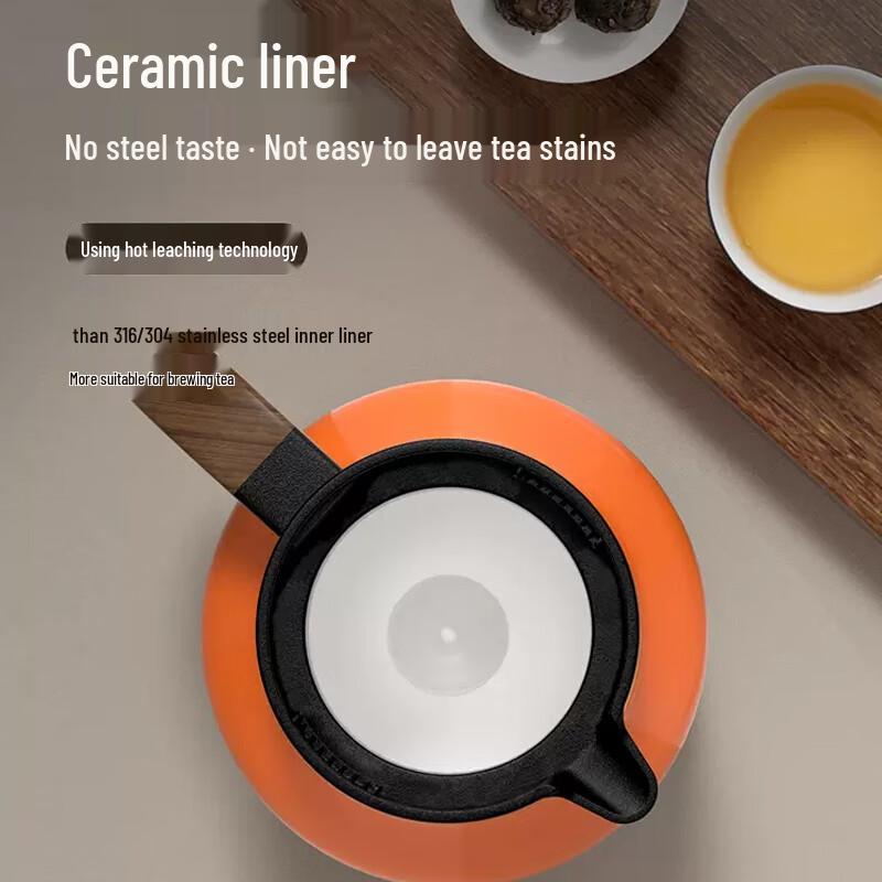 Temok Smart Display Ceramic Lined Insulated Tea Pot with Wood Grain Handle