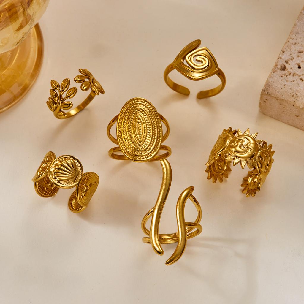 Stainless Steel Irregular Geometric Ring for Women Vintage Gold Color Sun Leaf Joint Finger Ring Party Versatile Jewerly Gifts