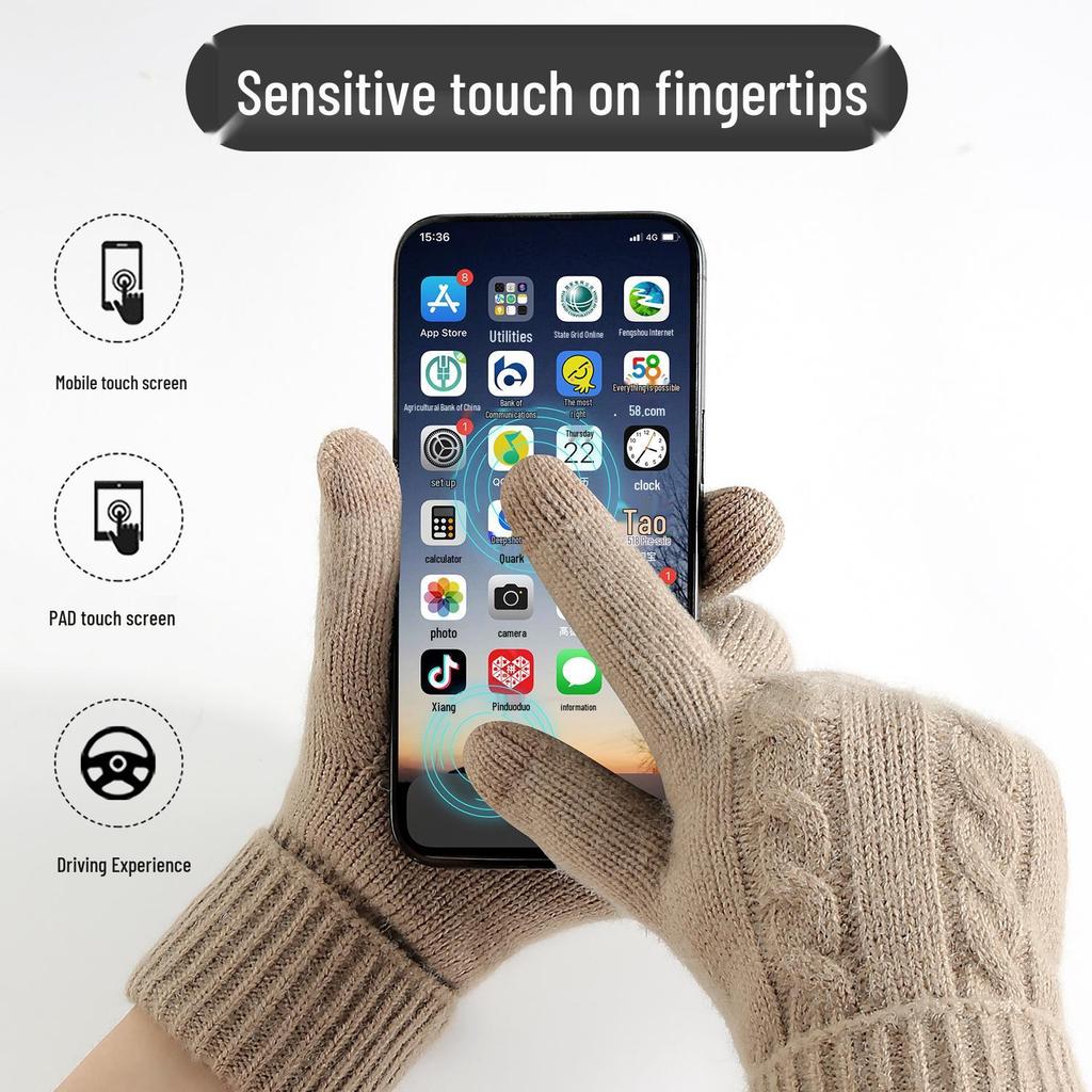 Women's Winter Knitted Touchscreen Gloves - Double-Layer Fleece-Lined, Thick Warm for Outdoor Cycling