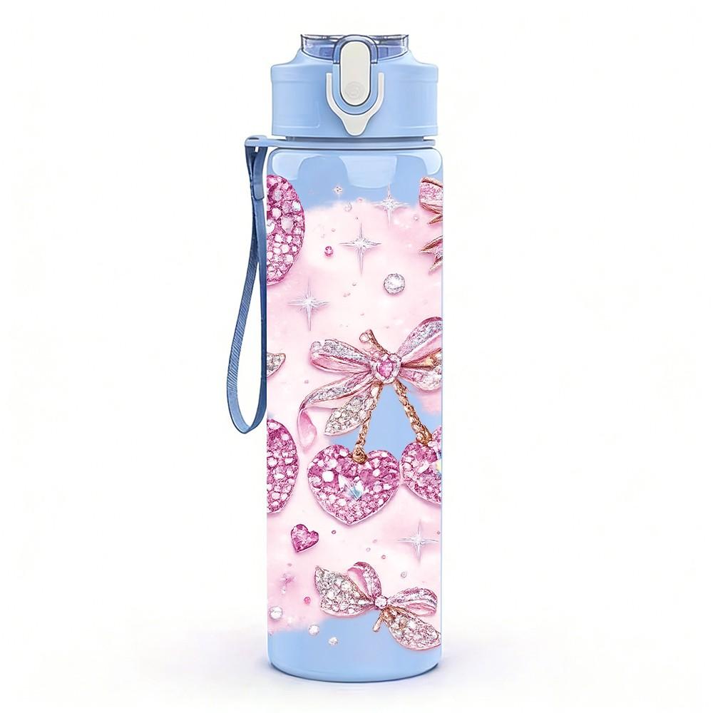 1PC Pink Bow Butterfly Decoration Print 750ml Color Plastic Sports Water Bottle Leakproof Flip Straw Lid Suitable for Sports Office Home Use