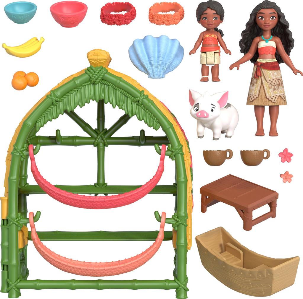 Mattel Disney Moana 2 Toy Moana Simea Village Home Playset with 2 Small Poor and 15 Accessories & Dolls, Figures,