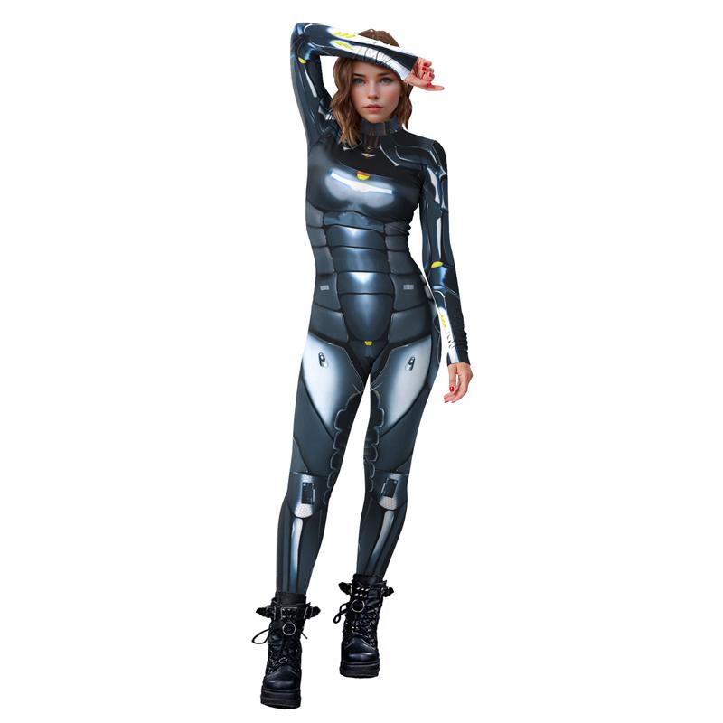 Damen Rollkragen Simulation 3D-Druck Roboter Reißverschluss Bodysuit Ganzkörper-Bodysuit Halloween-Kostüm Strampler Langarm