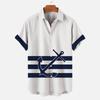 Summer Casual Men Shirts, Navy White Marine Element Fabric Texture Print, Multiple Stitching Design Loose Breathable Open Front Shirts