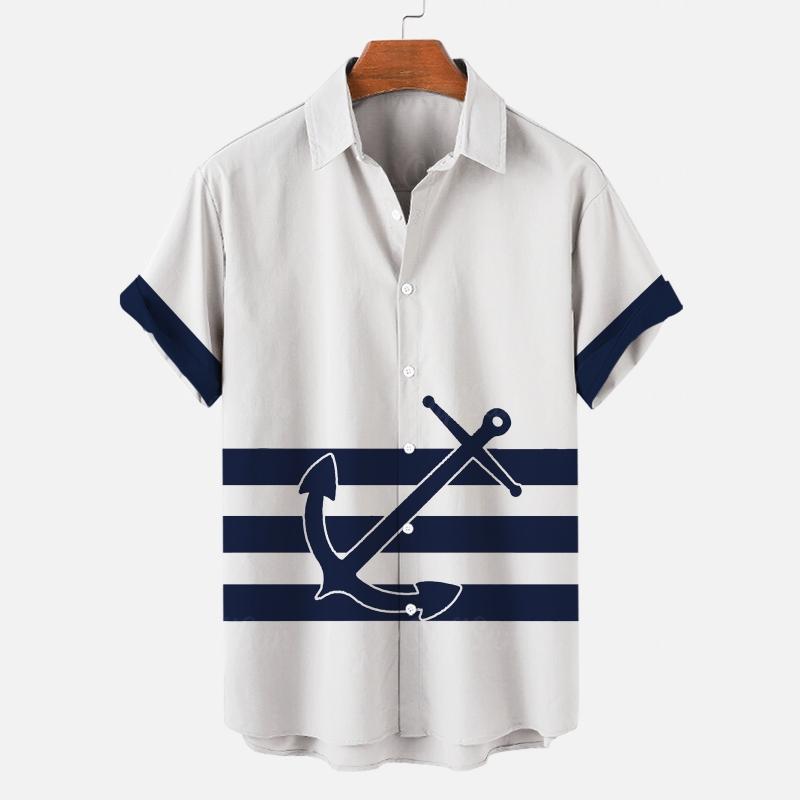 Summer Casual Men Shirts, Navy White Marine Element Fabric Texture Print, Multiple Stitching Design Loose Breathable Open Front Shirts