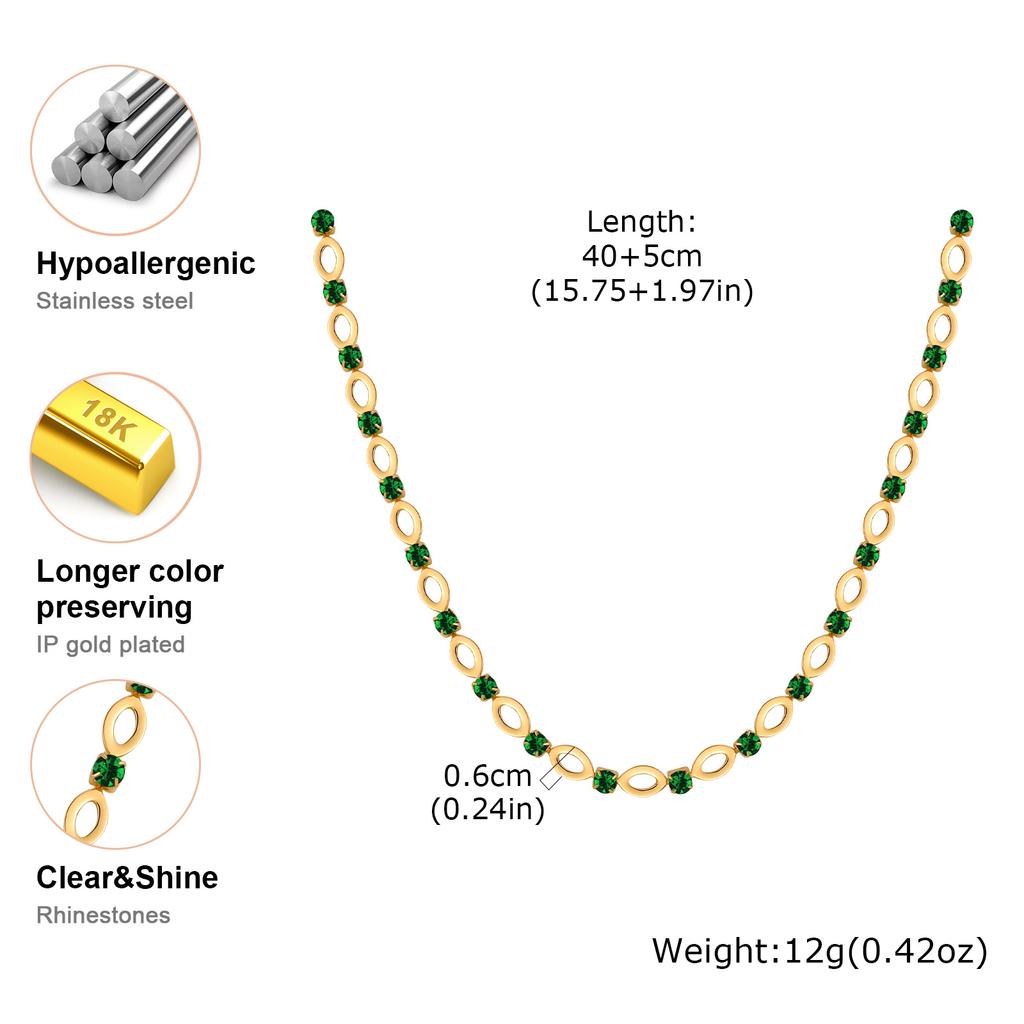 Stainless Steel Hollow Oval Chain Necklace for Women, Blue/Green/Red Zircon Adjustable Chain Bohemian Statement Jewelry Gifts