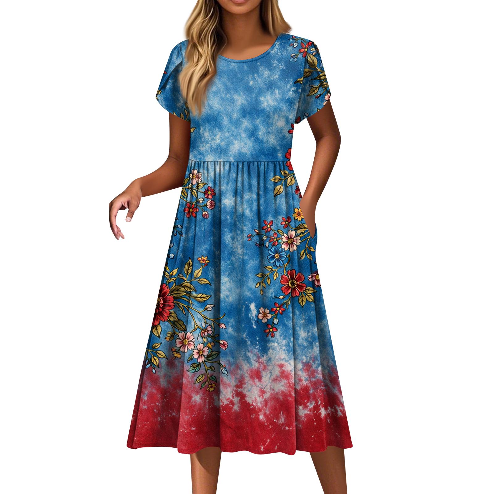 Women s Fashion Casual Loose Independence Day Printed Round Neck Pocket Short Sleeve Dress L