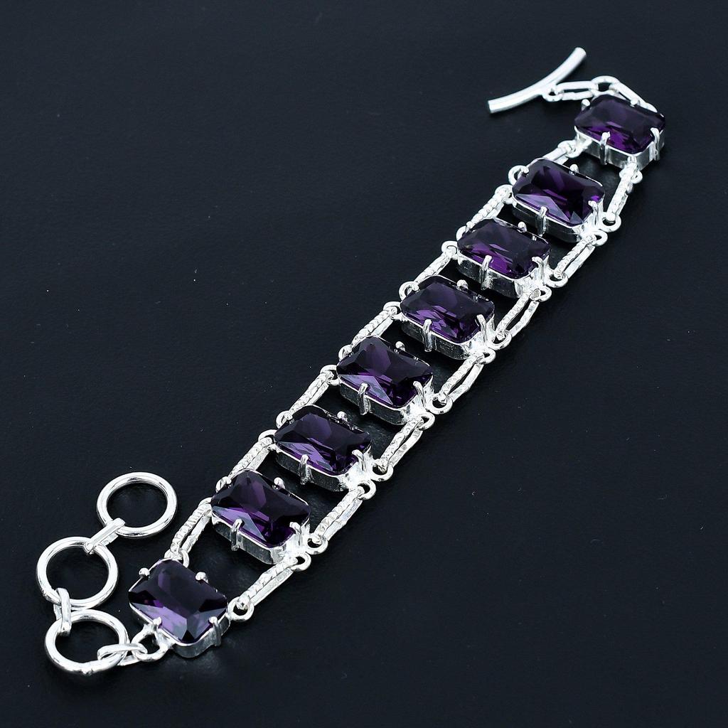 Faceted Amethyst Bracelet 925 Sterling Silver Jewelry Adjustable Chain Bracelet Cushion Shape Gemstone Handmade Jewelry Gift For Her