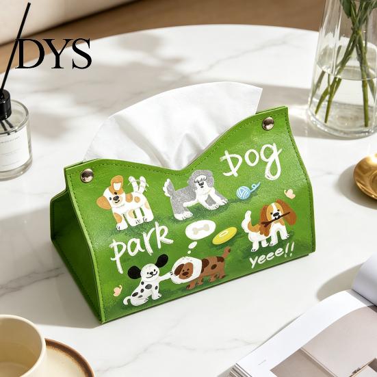 Foldable Paper Storage Leather Tissue Box Cover with Cartoon Puppies Pattern, Desktop Organizer, Napkin Holder Home Solution Case, Facial Organizer