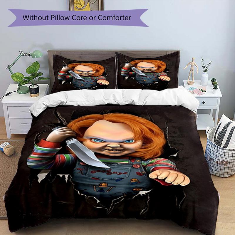 3pcs Duvet Cover Set (1*Duvet Cover + 2*Pillowcase, Without Core), Bride of Chucky Print Bedding Set, Bedroom Decor, All‑Season, Birthday Gift