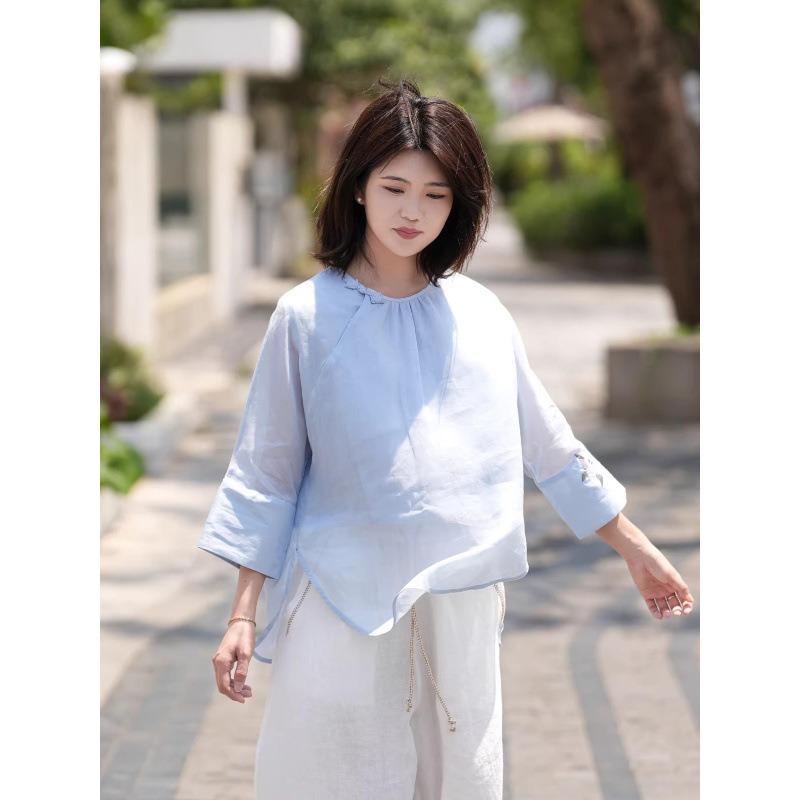 National Style Summer New Cotton and Linen Light and Breathable Shirt Top Sun Protection Embroidered Chinese Style Literary