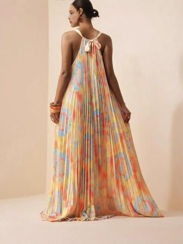 European & American Summer Resort Style Women's Lace-up Printed Pleated Dress