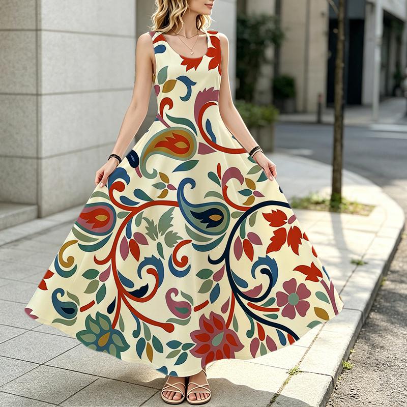 Women's Sleeveless Paisley Pattern Floor-Length Dress,Comfortable Flowy Skirt,Ideal for Beach Vacation,Daily Casual & Friend Gatherings