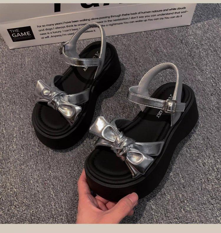 Premium French bow sandals women's 2025 summer explosion small thick sole height increase versatile beach sandals