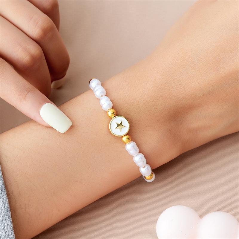 European Trend Faux Pearl Bracelet, Cross Heart Round Beaded Design, Delicate High Texture Handmade Fashion Accessories
