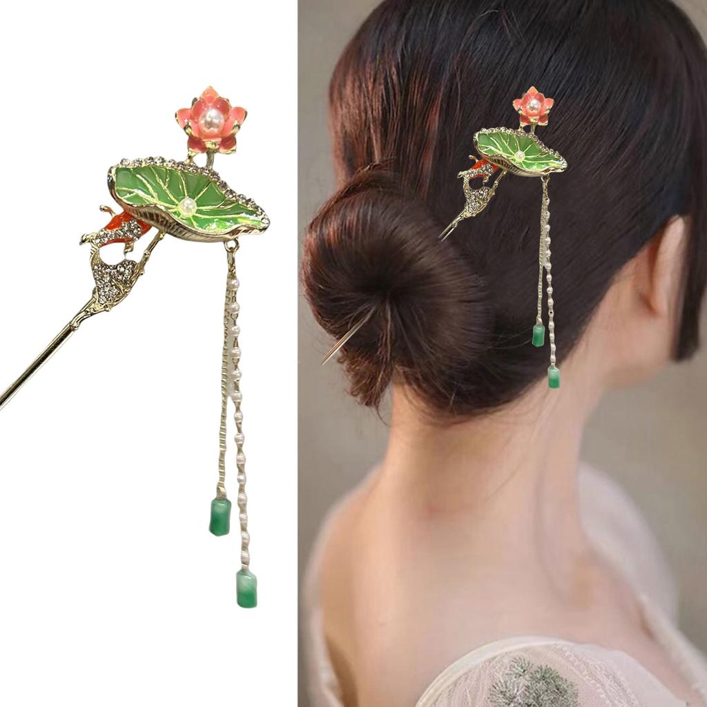 New Chinese Style Alloy Hair Sticks Forks Lotus Flower Decor Pearls Chain Pendant Hairpins Women Girls Hair Bun Maker Jewelry