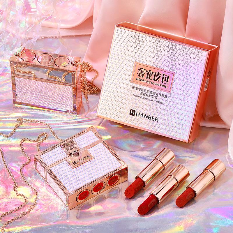

Hanbei er Роскошная розовая кожаная сумка-цепочка и набор помад: Не выцветающий увлажняющий подарочный набор из четырех предметов с мягкой дымкой.