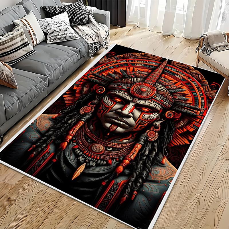 Area Rug, Aztec Mayan Warrior Face Tribal Tattoo Red Headdress Print, Living Room Decor, Non-Slip Mat