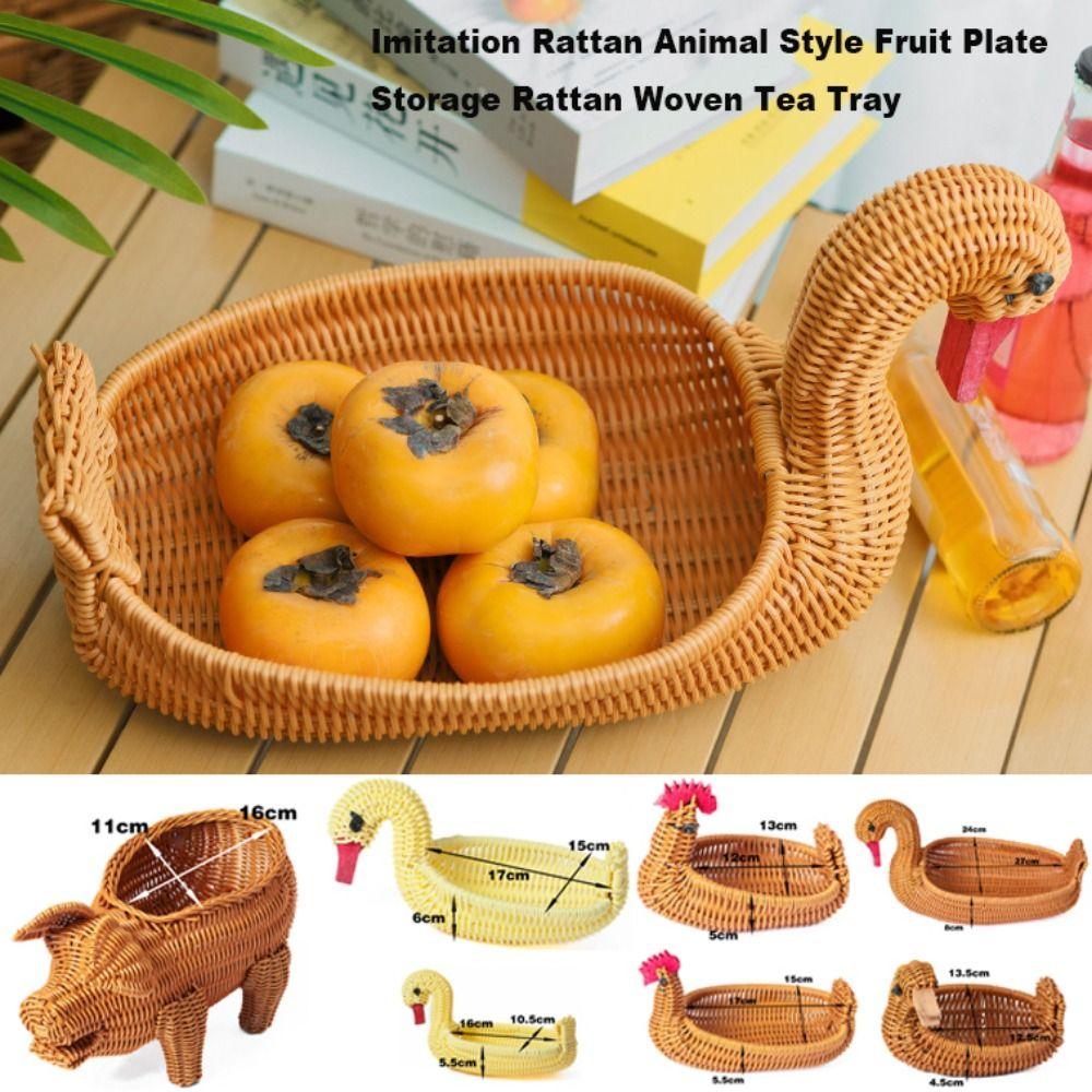 Retro Woven Animal Style Storage Rattan Woven Tea Tray  Restaurant Serving Tabletop Display