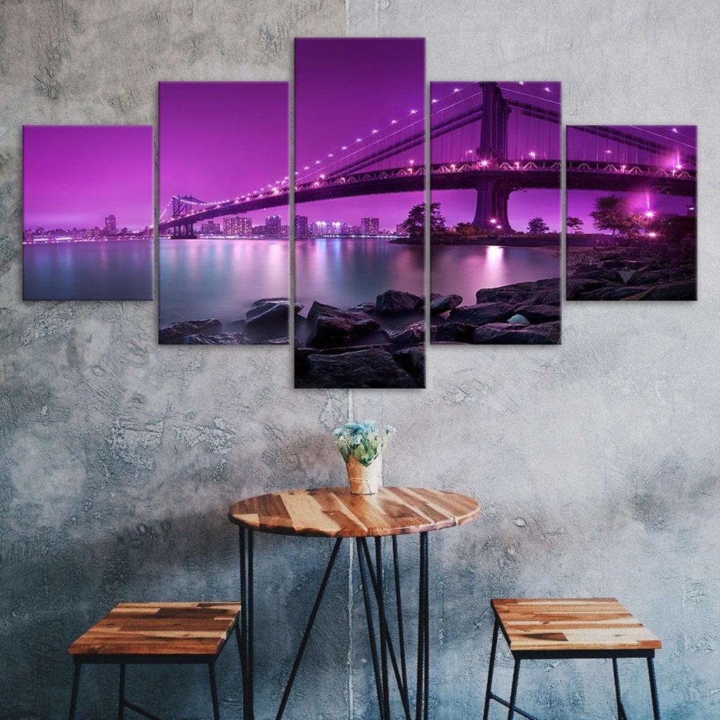 Purple Dawn Modern City Bridge Landscape 5 Piece Five Panel Wall Canvas Print Modern Art Poster Picture Home Decor Gift For Him For Her