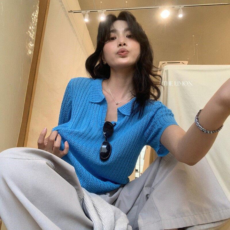Oatmeal temperament hollow polo collar short-sleeved knitted sweater women's summer old money style high-end front shoulder t-shirt top