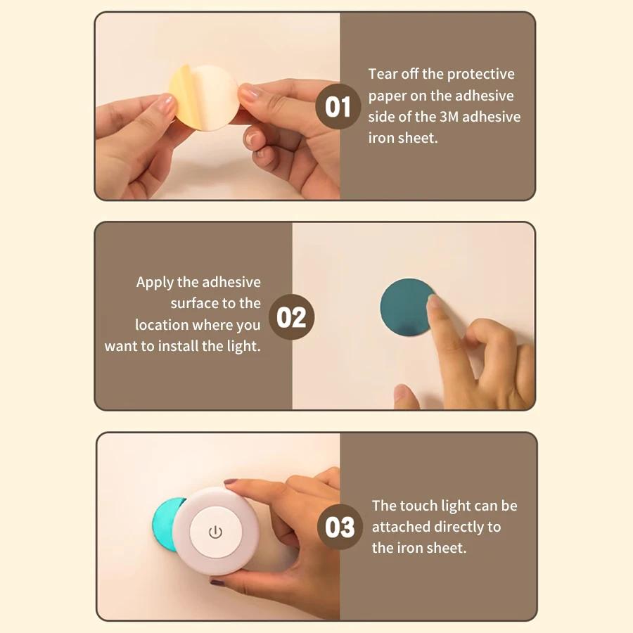 6CM Round Rechargeable LED Night Light Touch Sensor 3 Color Dimmable Wall Lamp for Bedroom Cabinet Closet Kitchen Staircase