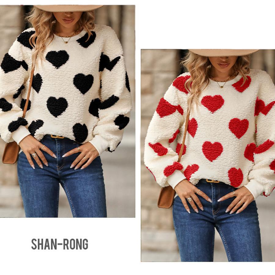 Trendy Women's Oversized Fleece Long Sleeve Crew Neck Sweatshirt with Heart Print - Autumn/Winter