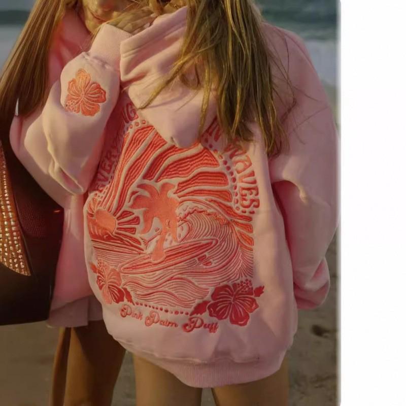 European Size Coconut Wave Embroidery Hoodie with Drop Shoulder Sleeves