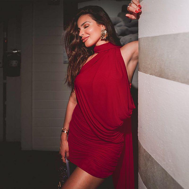 

Gusty High Street Elegant Adult Lady like Woman Halterneck Streamer Design Skinny Hip Skirt Pure Desire Sexy Wind Sleeveless Dress Burgundy L