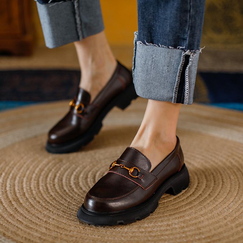 British small leather shoes women's spring and autumn new courtyard style all-match pull-on thick-soled leather loafers women