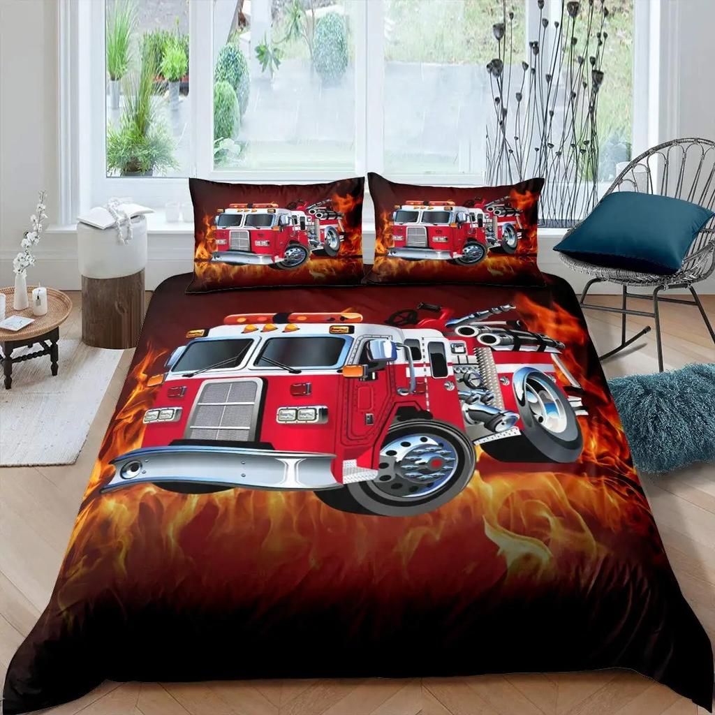 Firefighter Truck Red Firemen Car Bedding Set Boys Girls Twin Queen Size Duvet Cover Pillowcase Bed Kids Adult