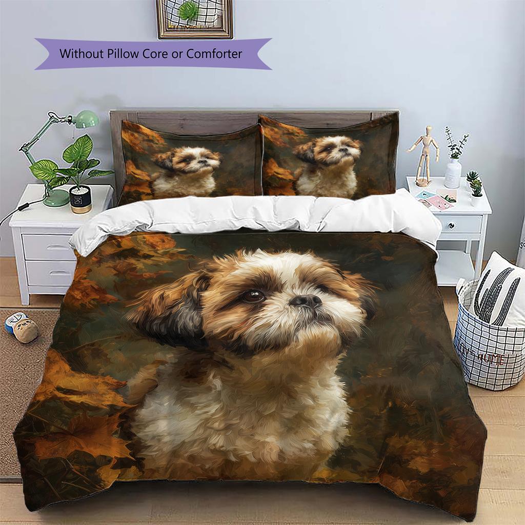 Vintage Shih Tzu Pattern Bedding Home Decoration Birthday Gift (1 * Duvet Cover + 2 * Pillowcase, Without Core)